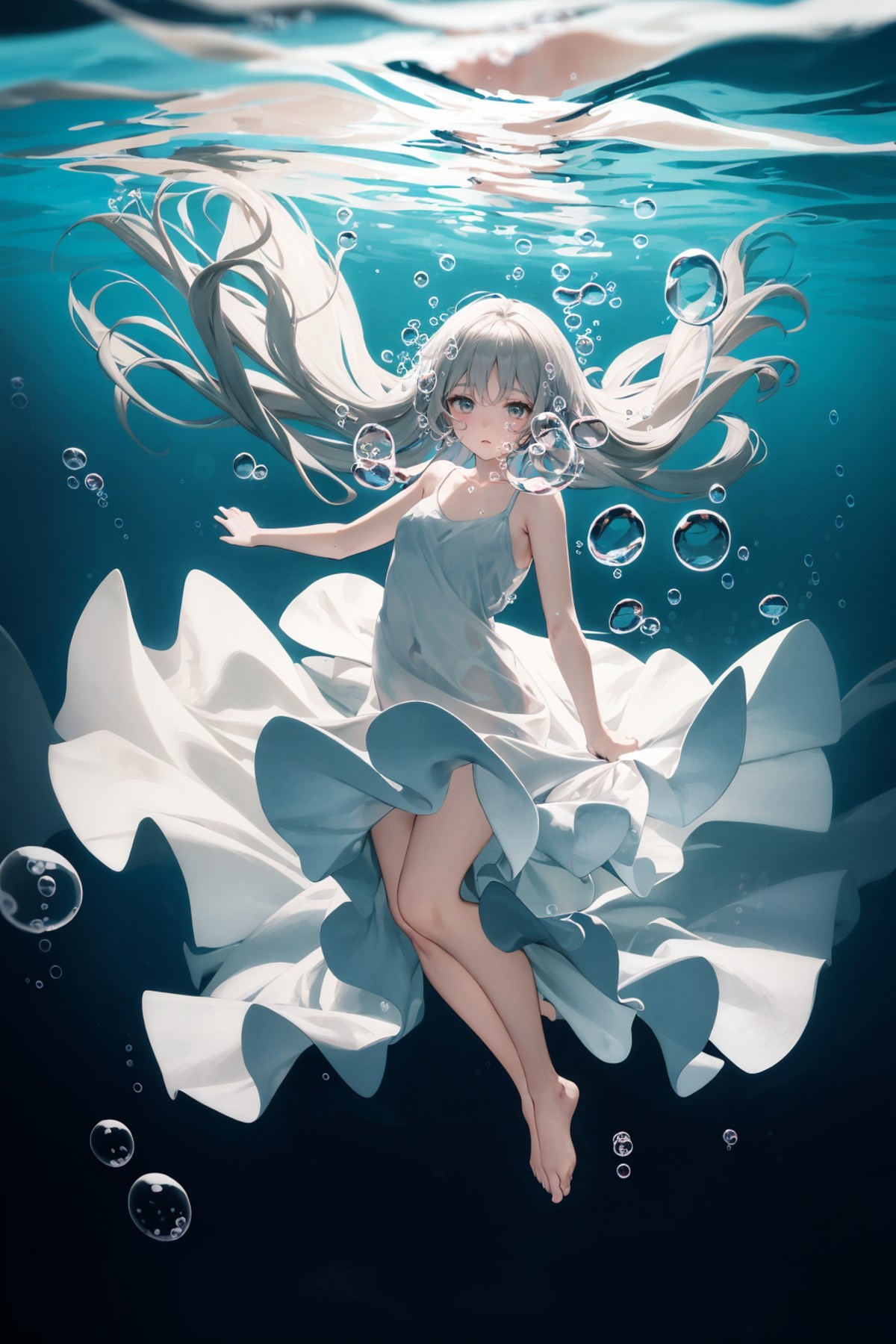 Silver haired girl under water, 1 girl, solo, deep sea, very long hair, hair shaking and spreading in water, surface over ...